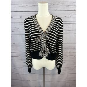EXPRESS Striped V-Neck Bow Tie Cardigan Sweater Black White Size M